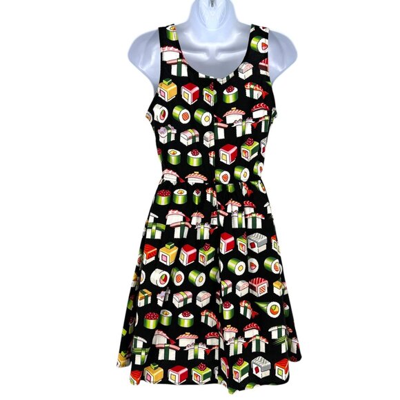 Retrolicious ModCloth Bento Box Sushi Print Sleeveless Dress Black Size Small - Picture 7 of 9